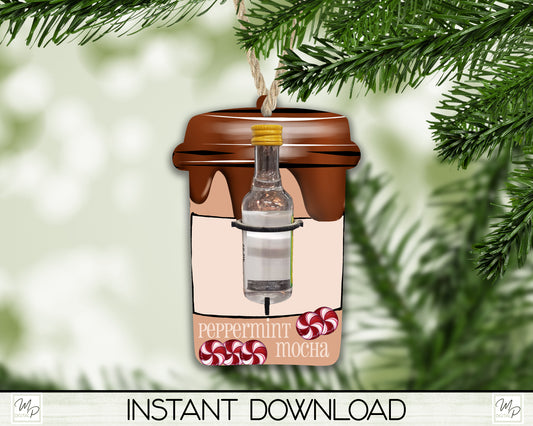 Christmas Peppermint Mocha Coffee Cup Christmas Liquor  Bottle Holder, Ornament PNG for Sublimation, Digital Download Design