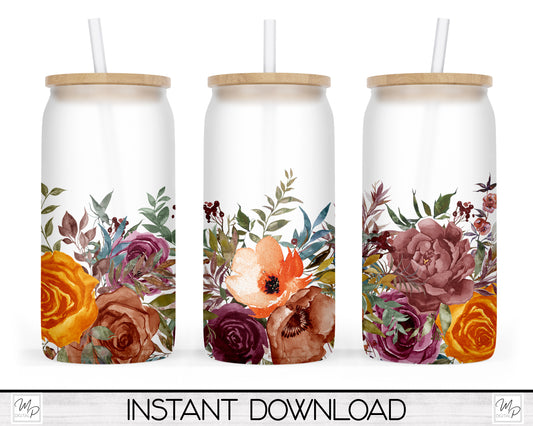 Floral Glass Can Sublimation Wrap, PNG Digital Download