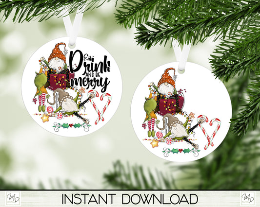 Christmas Gnome Ornament PNG for Sublimation, Round Tree Ornament Design, Digital Download