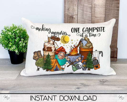 RV and Tent Camping Lumbar Pillow Cover PNG Sublimation Design, Digital Download