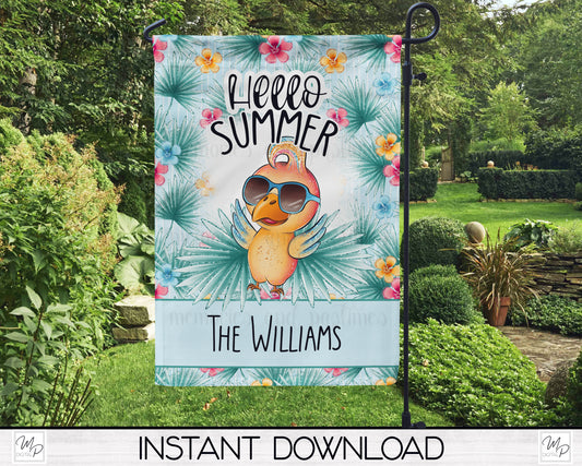 Hello Summer Garden Flag PNG for Sublimation Design, Digital Download, Tropical Bird