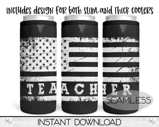 Teacher US Flag Can Cooler Sublimation Download, Waterslide PNG, Duozie PNG Design for Slim & Thick Duozie Wrap