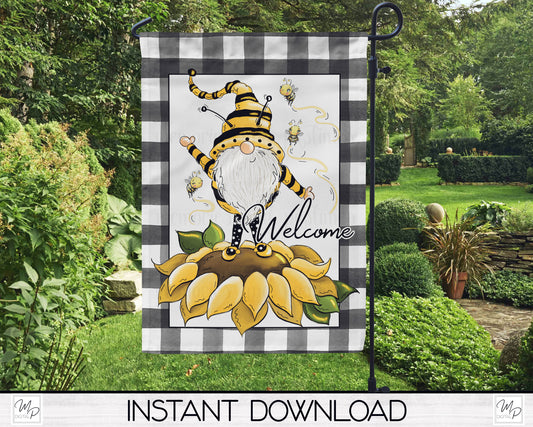 Sunflower Bee Gnome Garden Flag PNG for Sublimation Design, Digital Download