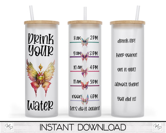 20oz / 25oz Glass Tumbler Water Tracker, Butterfly Wrap for Sublimation and Waterslides, PNG Digital Download