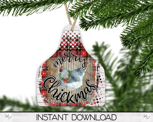 Merry Chickmas Cow Tag Christmas Tree Ornament PNG for Sublimation, Ornament Design, Chicken Ornament, Digital Download