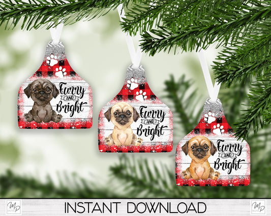 Three Breed Colors PUG Cow Tag Christmas Tree Ornament PNG for Sublimation, Ornament Design, Dog Ornament, Digital Download