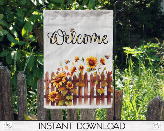 Sunflower Fence Garden Flag Design for Sublimation, Digital Download