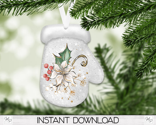 White Poinsettia Mitten Christmas Tree Ornament PNG for Sublimation, Digital Download
