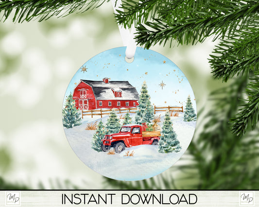 Christmas Farm Ornament PNG for Sublimation, Round Tree Ornament Design, Digital Download