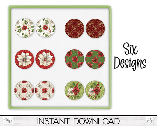 Christmas Round Stud Earring PNG Bundle, Sublimation Design Download, Poinsettia Earring Design