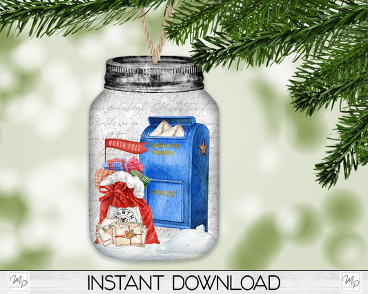 Mason Jar Christmas Tree Ornament PNG for Sublimation, Letters to Santa, Digital Download