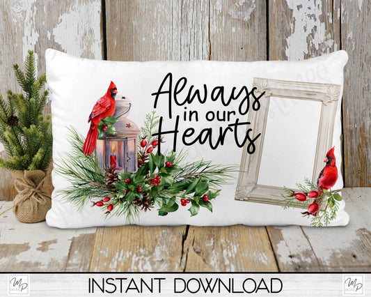 Christmas Cardinal Memorial Lumbar Pillow Cover PNG Sublimation Design, Digital Download