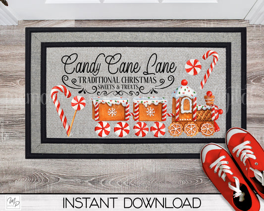 Christmas Door Mat Design for Sublimation, Gingerbread Train, Candy Cane Lane