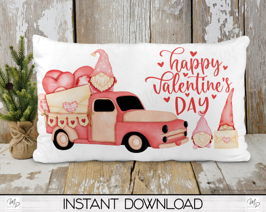 Gnome Valentine's Day Lumbar Pillow Cover PNG Sublimation Design, Digital Download, Farmhouse Truck