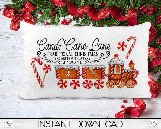 Christmas Candy Cane Lane Lumbar Pillow Cover PNG Sublimation Design, Digital Download