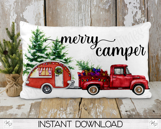 Christmas Camping Lumbar Pillow Cover PNG Sublimation Design, Digital Download