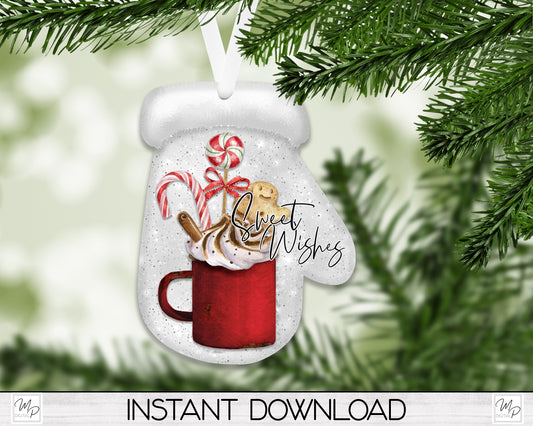 Hot Chocolate Mug Mitten Christmas Tree Ornament PNG for Sublimation, Digital Download