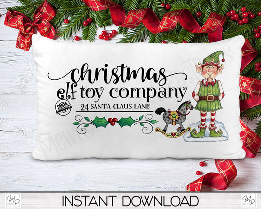 Christmas Elf Toy Company Lumbar Pillow Cover PNG Sublimation Design, Digital Download
