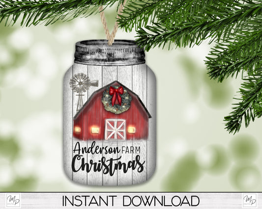 Mason Jar Christmas Tree Ornament PNG for Sublimation, Farm Christmas, Ready to Personalize, Digital Download