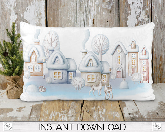 Winter Village Lumbar Pillow Cover PNG Sublimation Design, Digital Download