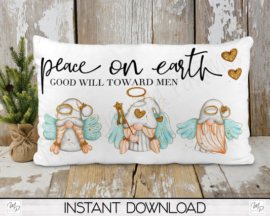 Christmas Gnome Angel Lumbar Pillow Cover PNG Sublimation Design, Digital Download