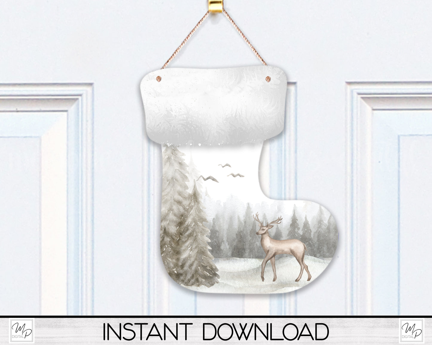 Deer in Forest Stocking Christmas Tree Ornament PNG for Sublimation, Hunting Ornament Design, Digital Download