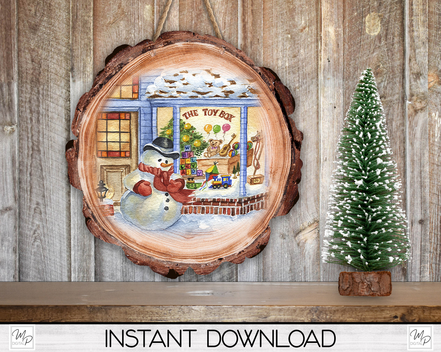 Christmas Snowman and Toy Shop Wood Slice Ornament PNG Design for Sublimation, Door Hanger PNG