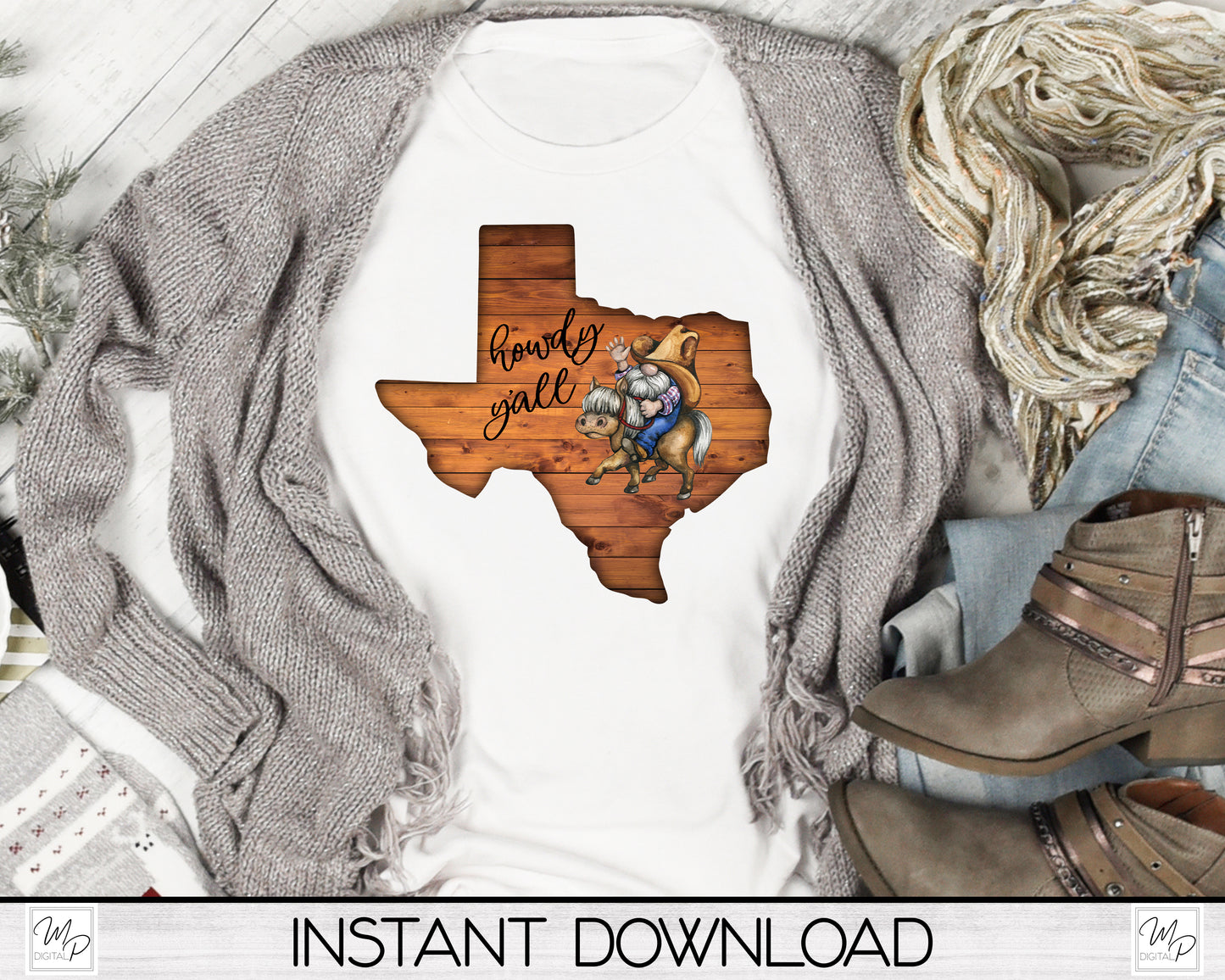 Texas Gnome Cowboy PNG Sublimation Design, Digital Download, Sign, Pillow, T-Shirt