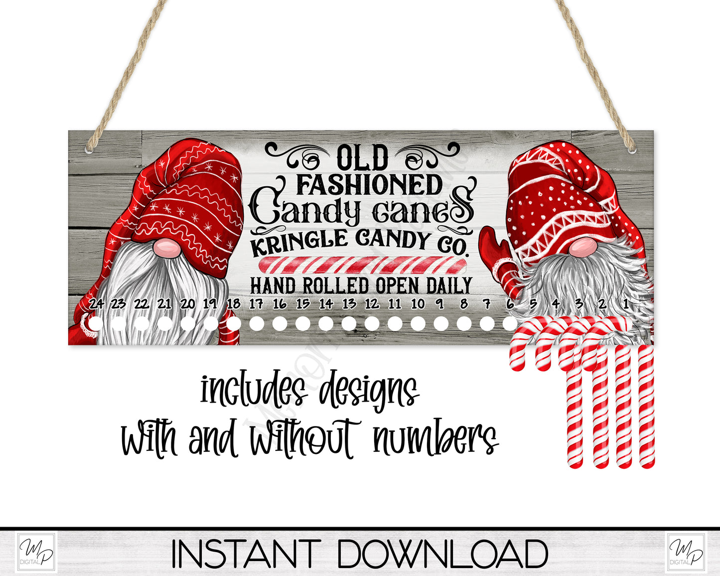 Christmas Gnomes Candy Cane Countdown Sign PNG Sublimation Digital Download, Candy Cane Holder Advent Calendar