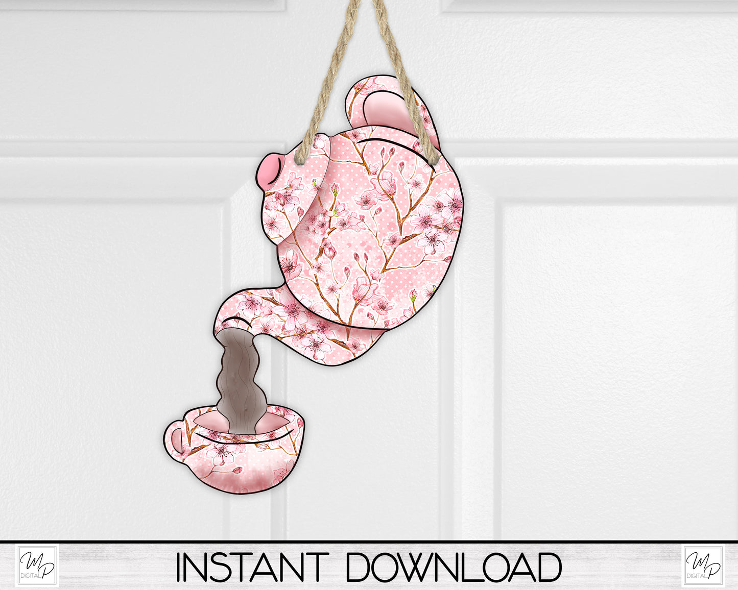 Cherry Blossom Teapot and Cup Earring PNG Design for Sublimation, Digital Download