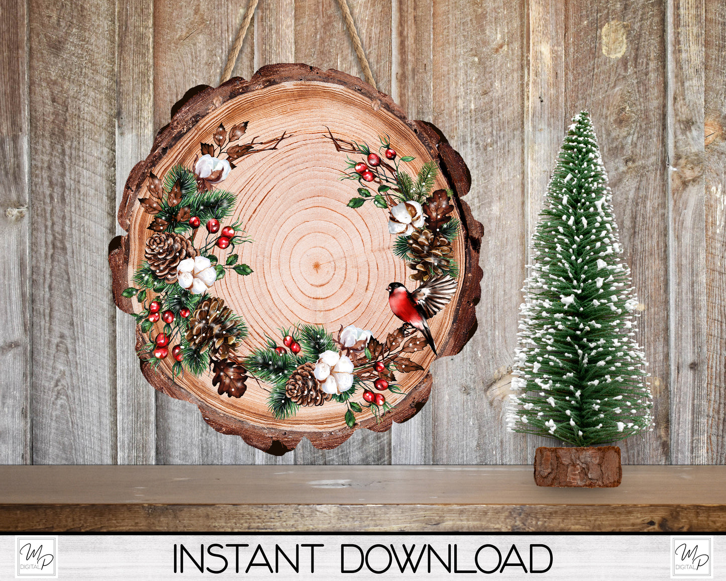 Christmas Wreath Wood Slice Ornament PNG Design for Sublimation, Door Hanger PNG