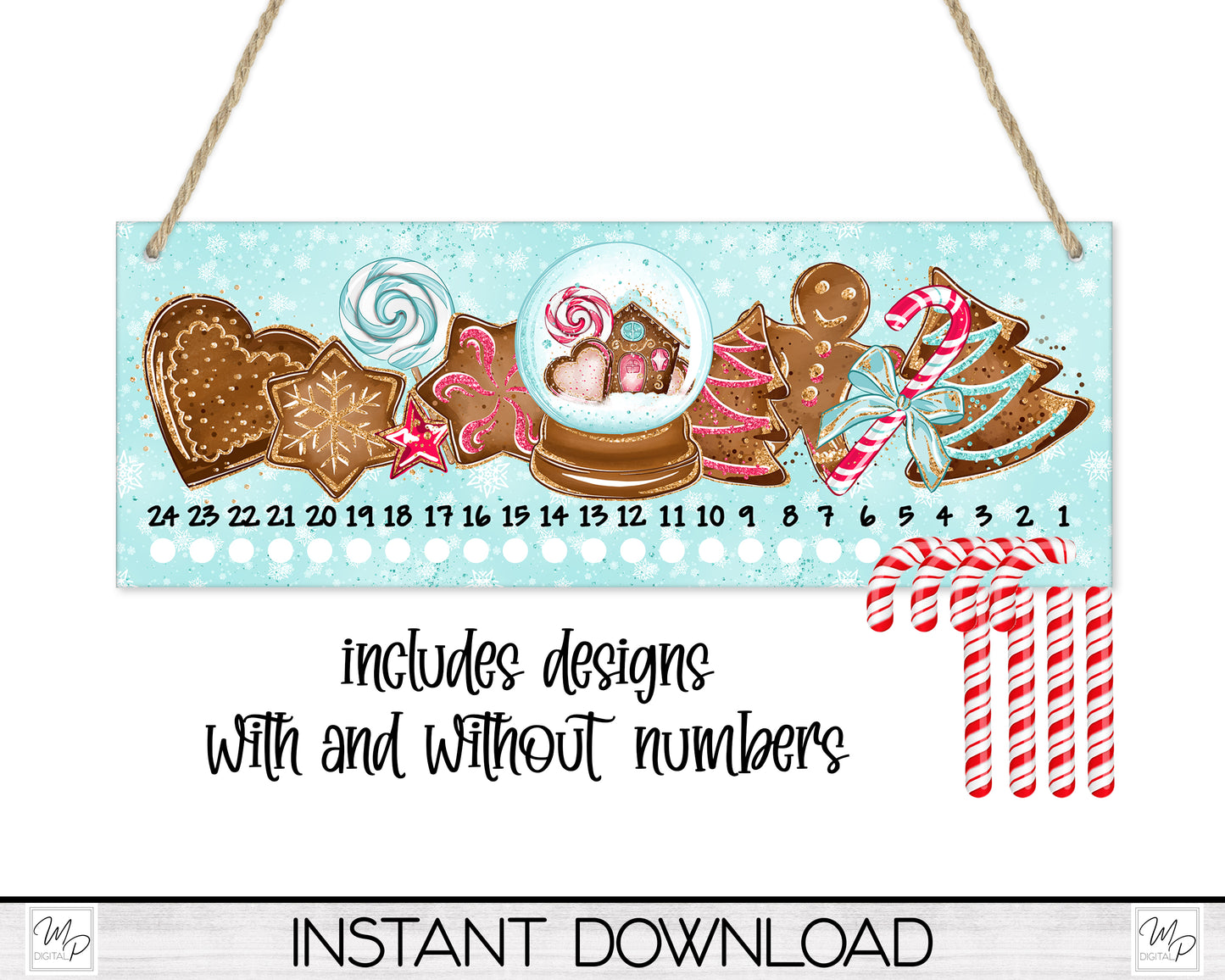 Gingerbread Christmas Candy Cane Countdown Sign PNG Sublimation Digital Download, Candy Cane Holder Advent Calendar