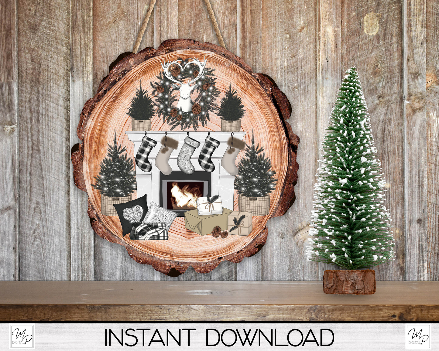 Christmas Fireplace Wood Slice Ornament PNG Design for Sublimation, Door Hanger PNG