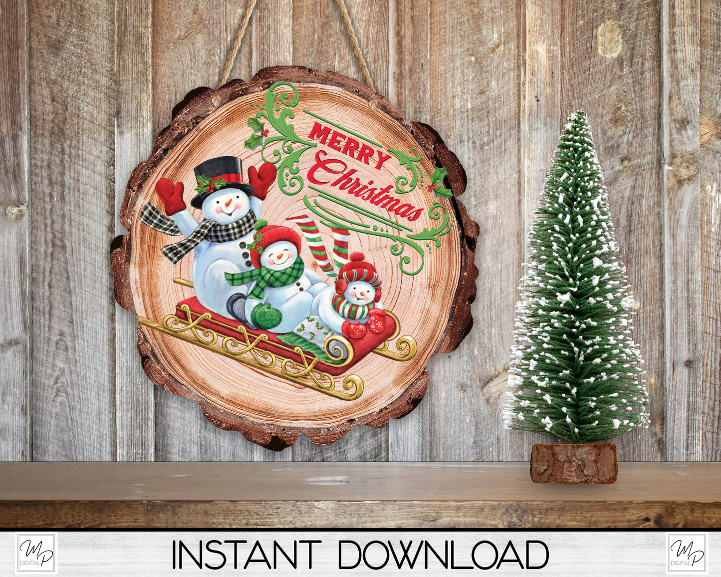 Christmas Snowman Family Wood Slice Ornament PNG Design for Sublimation, Door Hanger PNG
