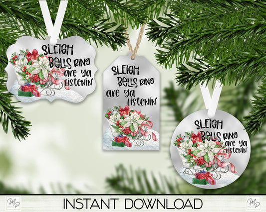 Christmas Sleigh Bells Ornament BUNDLE PNG for Sublimation, Tree Ornament Design, Digital Download