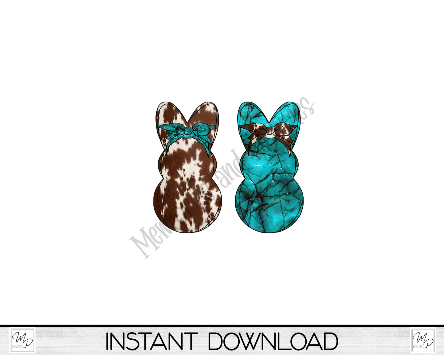 Cowhide and Turquoise Bunny Peeps PNG Designs for Sublimation of Earrings, Bundle, Digital Download