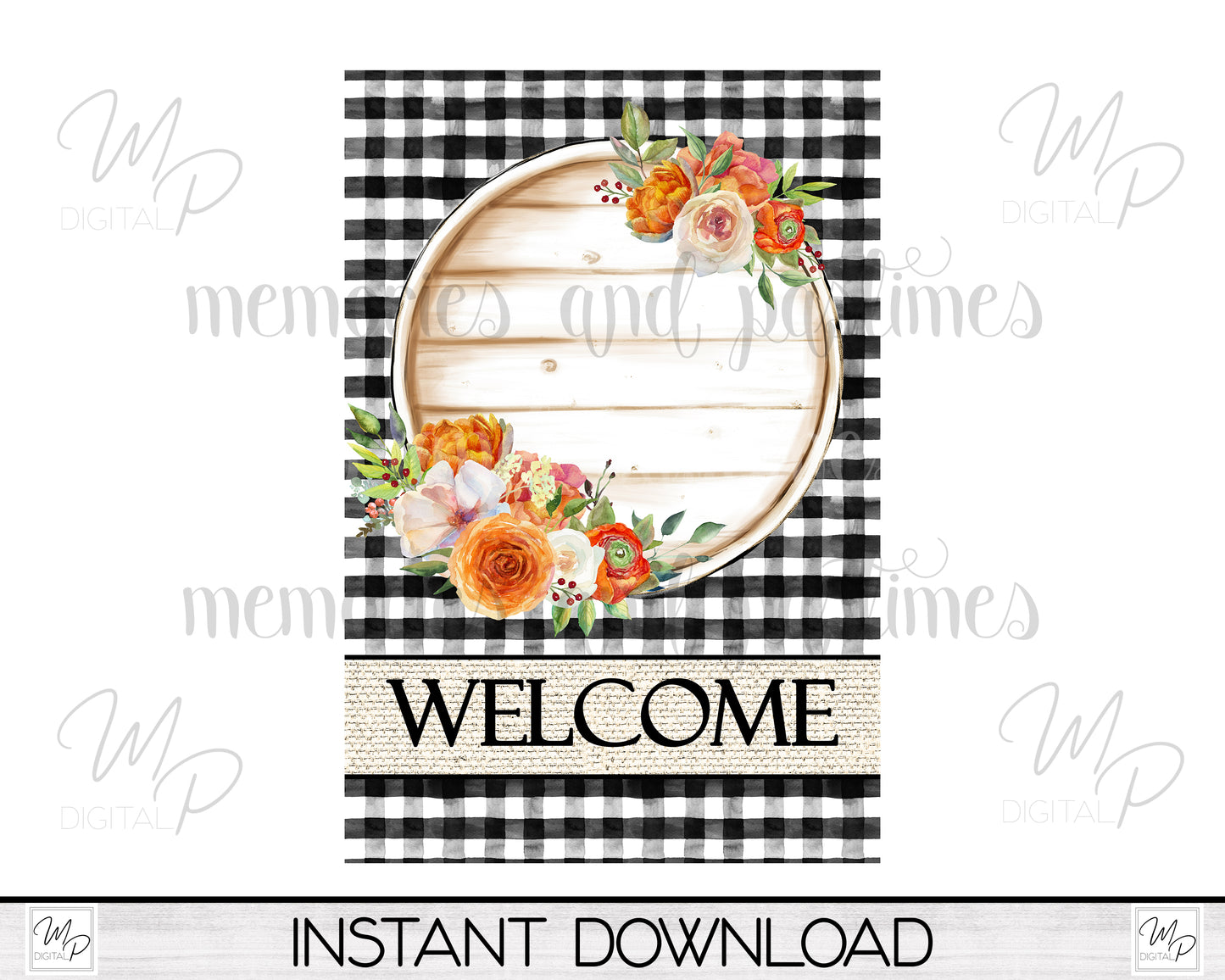 Fall Floral Garden Flag PNG for Sublimation Design, Digital Download, Buffalo Plaid