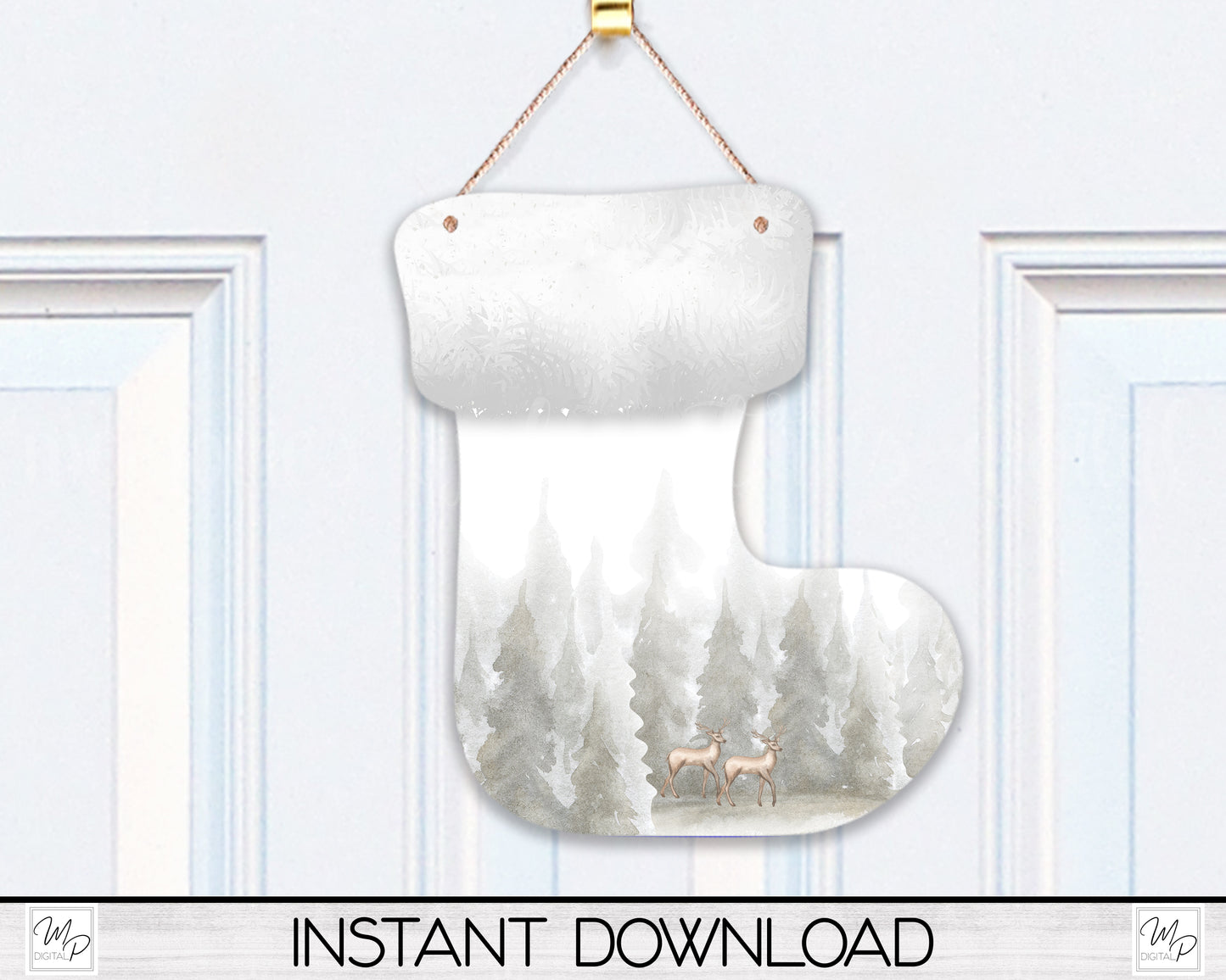 Deer in Forest Stocking Christmas Tree Ornament PNG for Sublimation, Hunting Ornament Design, Digital Download