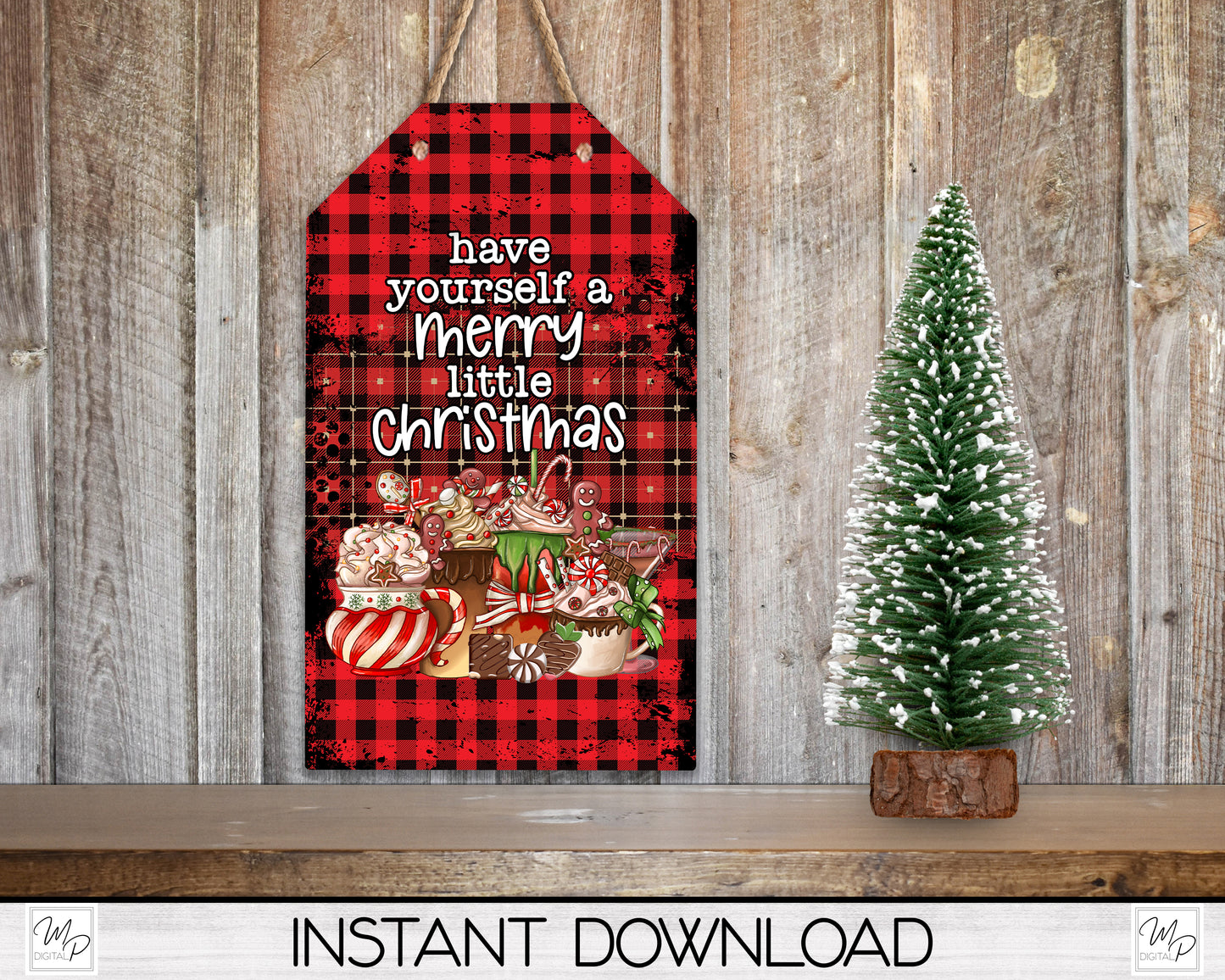 Christmas Tag Ornament PNG Design, Coffee, Buffalo Plaid, Sublimation Design Download