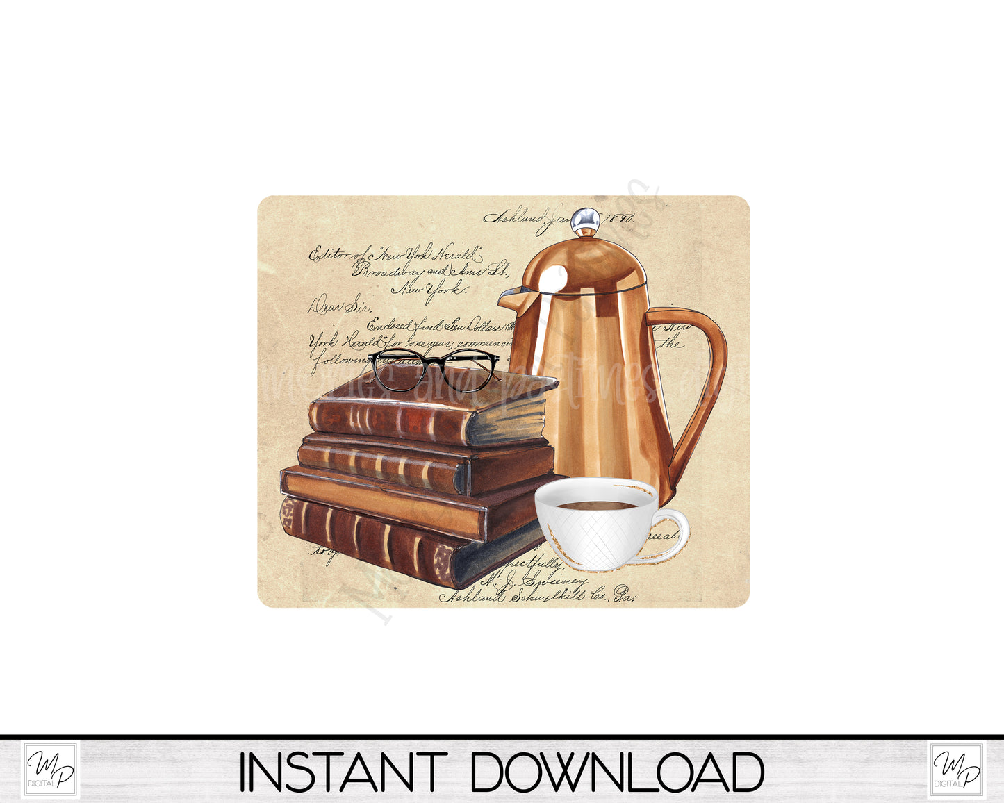 Books and Coffee Mouse Pad PNG for Sublimation Digital Download, Mousepad Design for Sublimation