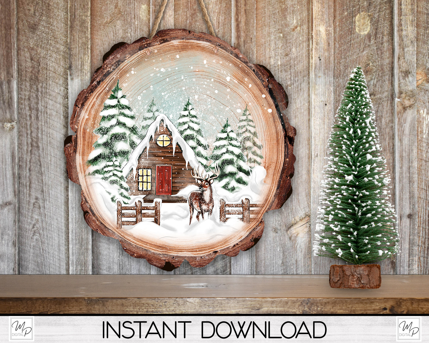 Christmas Winter Cabin Wood Slice Ornament PNG Design for Sublimation, Door Hanger PNG
