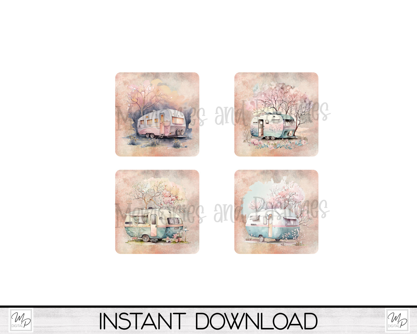 Set of 4 Camping Coaster Sublimation PNG Designs For Sublimation of Square and Round Coasters, Digital Download