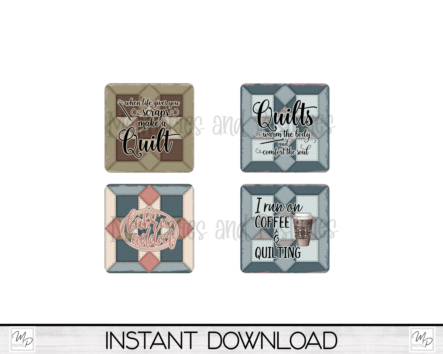 Set of 4 Quilting Coaster Sublimation PNG Designs, Square Coffee Coasters, Car Coaster Sublimation Digital Download