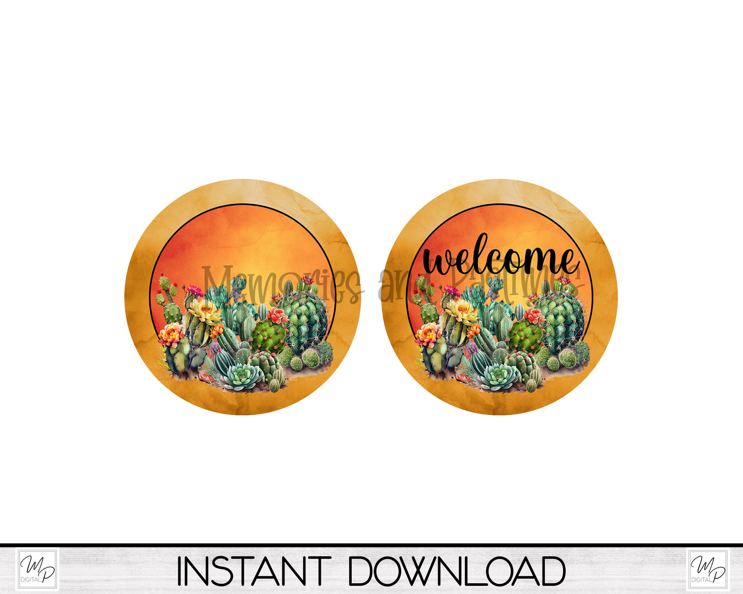 Desert Cactus Circle Front Door Hanger PNG Design for Sublimation, Two Designs, Digital Download