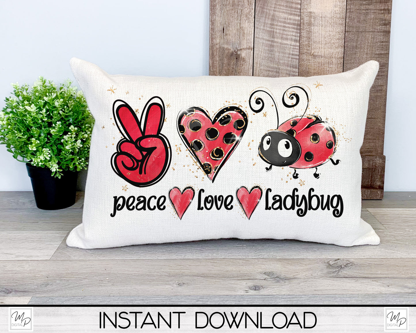 Peace Love Ladybugs PNG Sublimation T-Shirt and Earring Design Bundle Digital Download