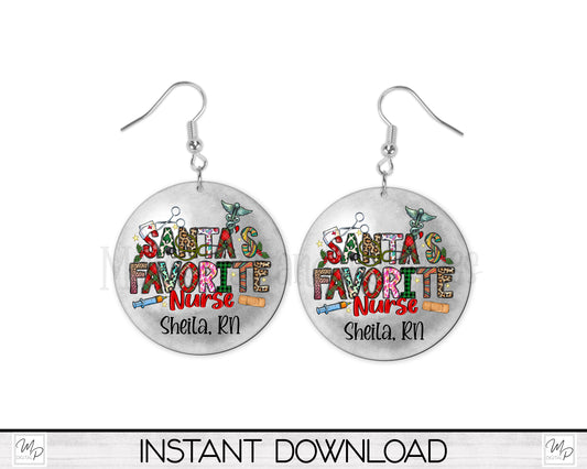 Santa's Favorite Nurse Round Earring Design for Sublimation, Digital Download
