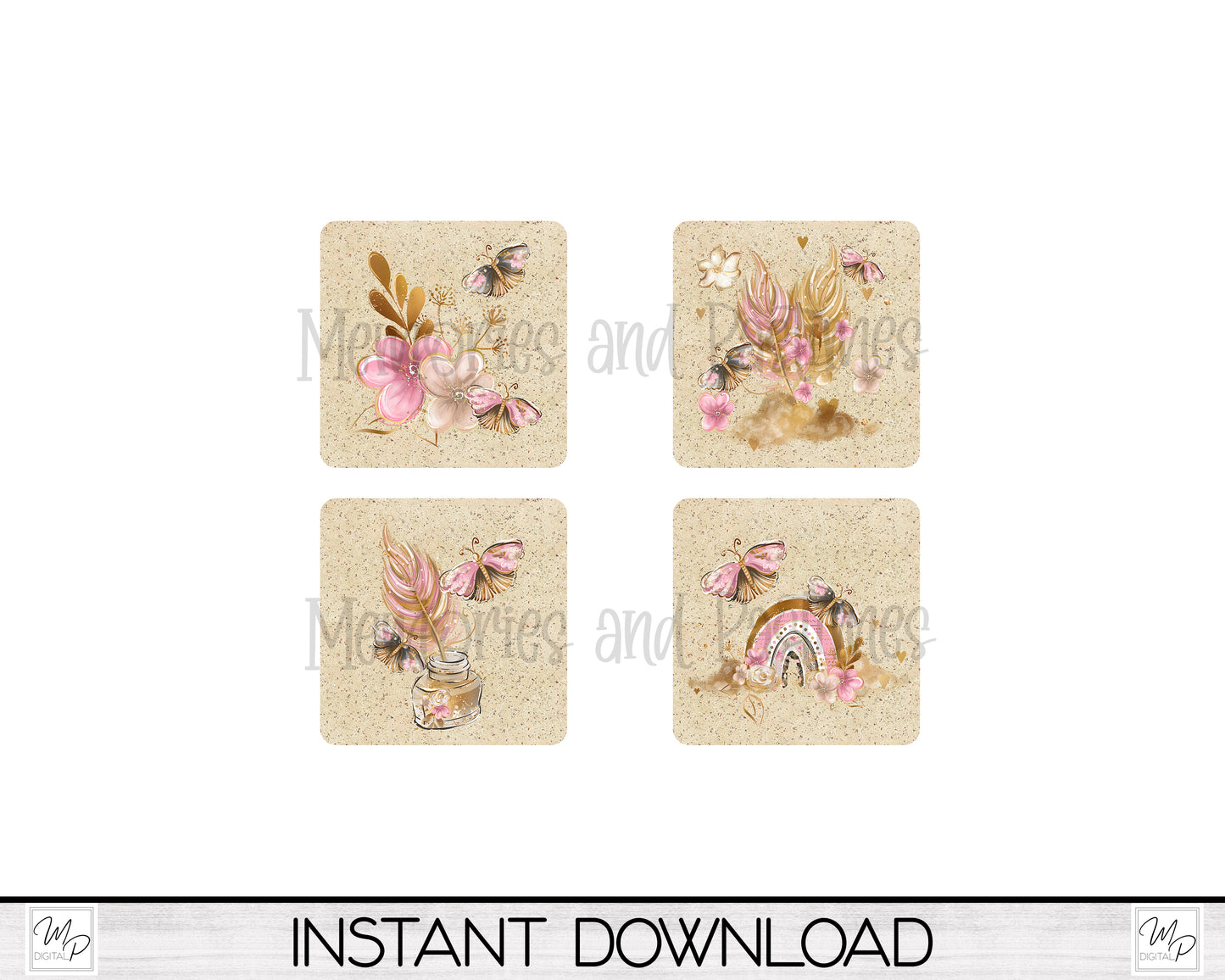 Set of 4 Coaster Sublimation PNG Designs, Square Coffee Coasters, Car Coaster Sublimation Digital Download