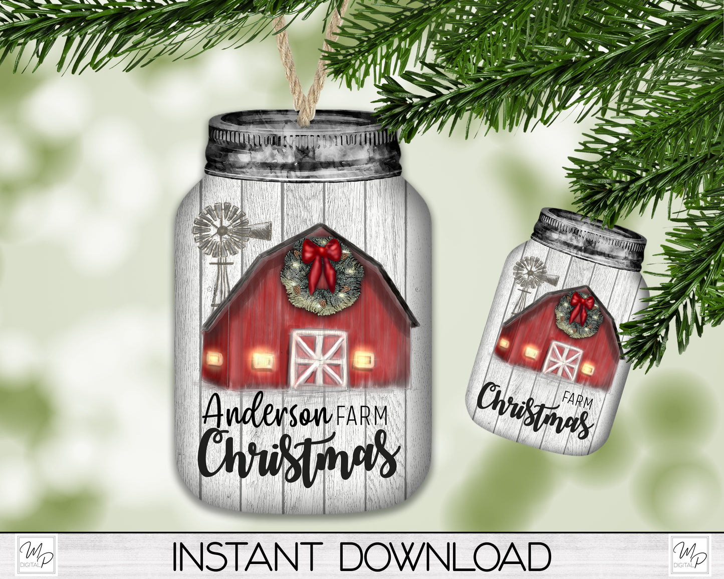 Mason Jar Christmas Tree Ornament PNG for Sublimation, Farm Christmas, Ready to Personalize, Digital Download