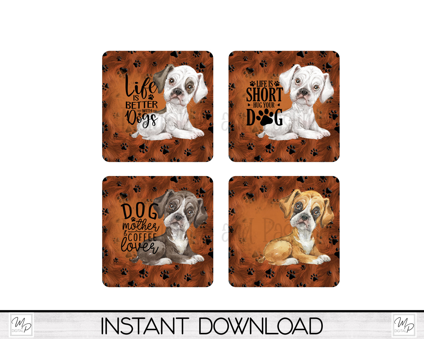 Set of 4 Boxer Coaster Sublimation PNG Designs, Square Coffee Coasters, Car Coaster Sublimation Digital Download