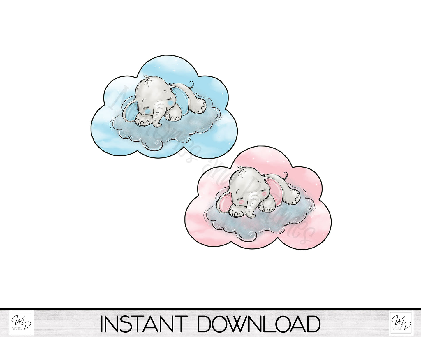 Nursery Sleeping Baby Elephant Cloud Sign PNG Design for Sublimation, Pink And Blue, Digital Download